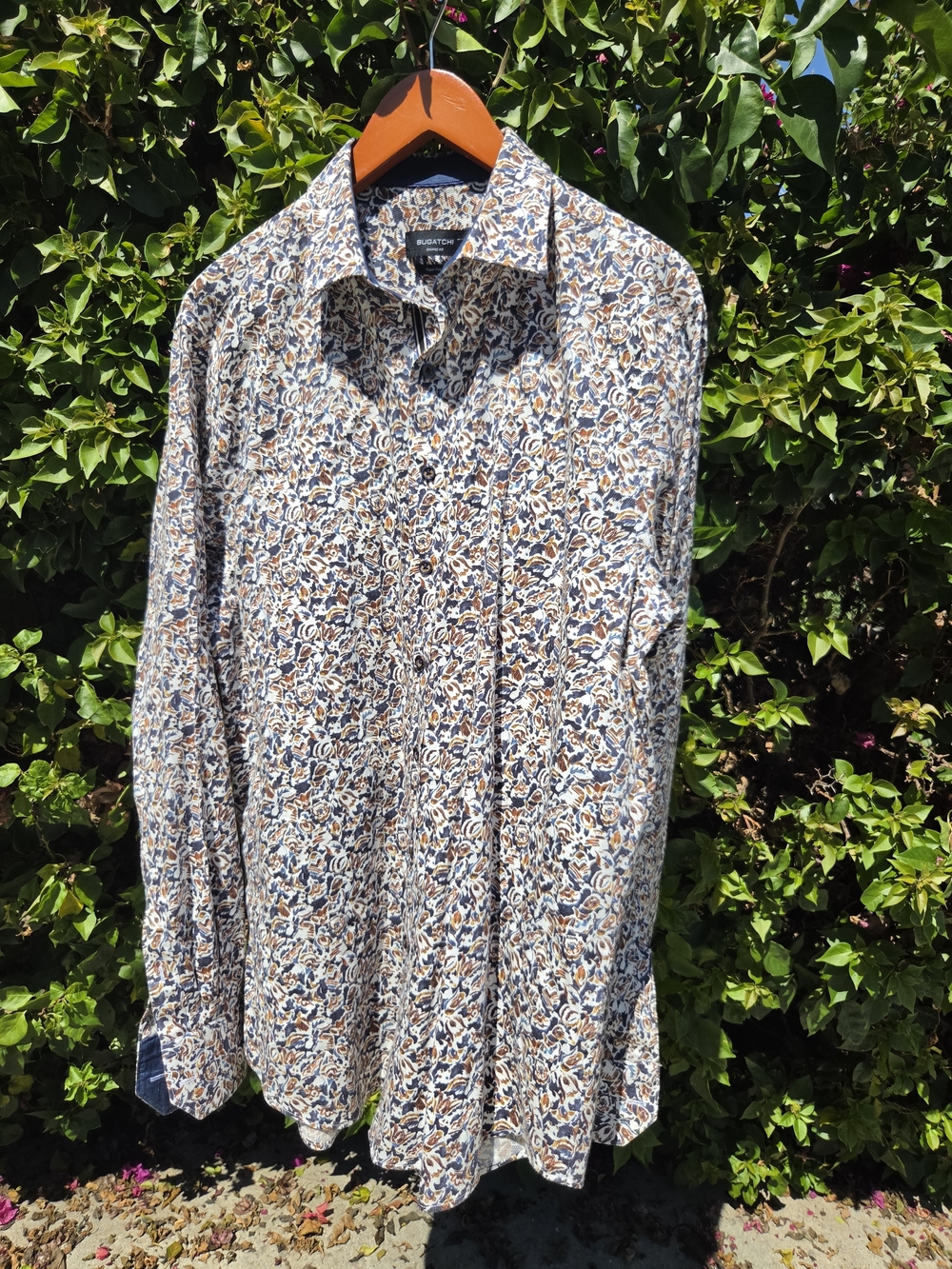 BUGATCHI JULIAN Shirt Men's XL Floral Print Blue Brown Cream Cotton Shaped Fit